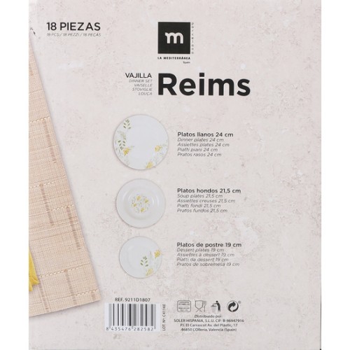 Elegante set de vajilla redonda de 18 piezas Reims MD