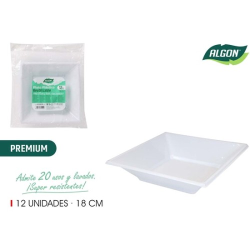 Set of 12 Premium Square Plastic Plates 18cm Algon