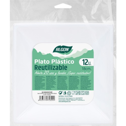 Set de 12 Platos Cuadrados de Plástico Premium 18cm Algon