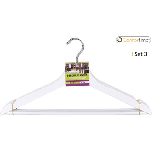 Set of 3 White Wooden Hangers 42.5x21.5cm Confortime