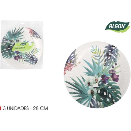 Set of 3 Round Tropical Paper Plates 28cm