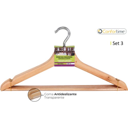 Set de 3 Perchas de Madera Natural Antideslizante Confortime