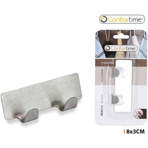 Percha Acero Adhesiva 2 Ganchos 8x3