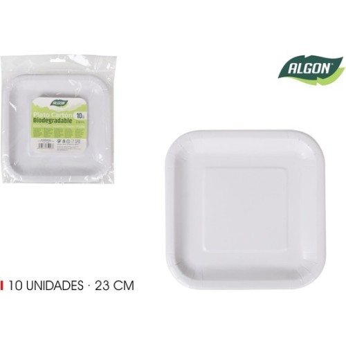 Set de 10 Plato Cartón Cuadrado 23cm Algon