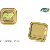 Set de 12 Platos Cartón Oro Cuadrados