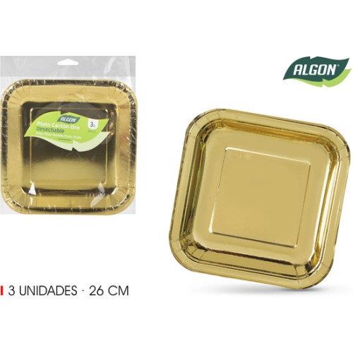 Set of 3 Elegant 26cm Golden Square Carton Plates Algon