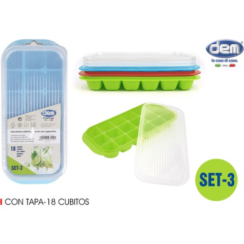 Set of 3 Ice Cube Trays 18 Cubes with Lid - Assorted Colors