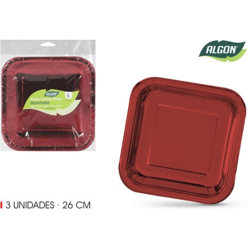 Set of 3 Red Square Paper Plates 26cm