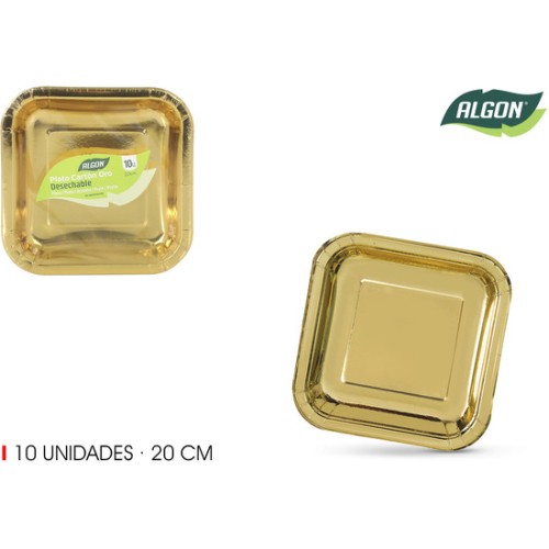 Set-10 Plato Carton Oro Cuad. 20cm Algon