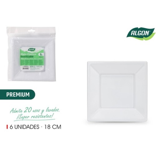 Set of 6 Premium Square Plastic Plates 18 cm Algon