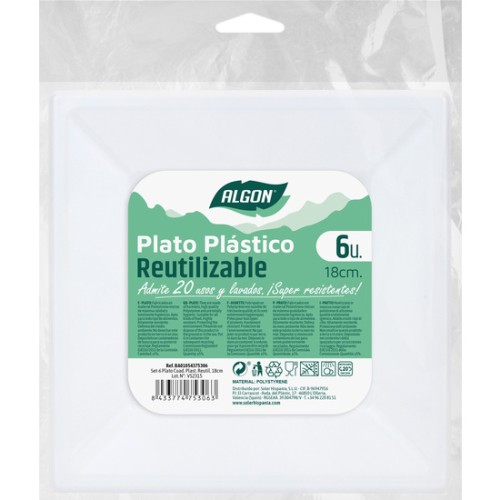 Set de 6 Platos Cuadrados de Plástico Premium 18 cm Algon
