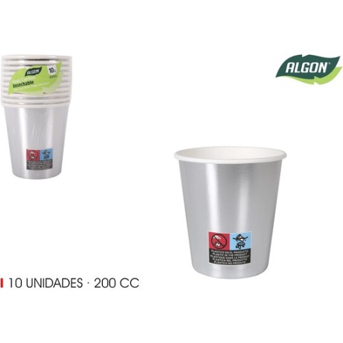 Set of 10 Silver Paper Cups 200cc Algon - Elegant Disposable Solution