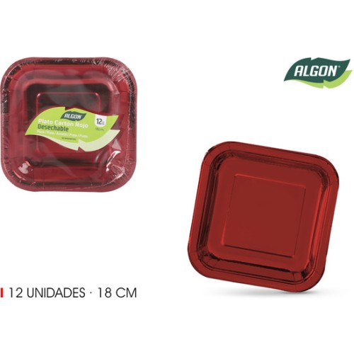 Set of 12 Red Square Cardboard Plates 18cm Algon