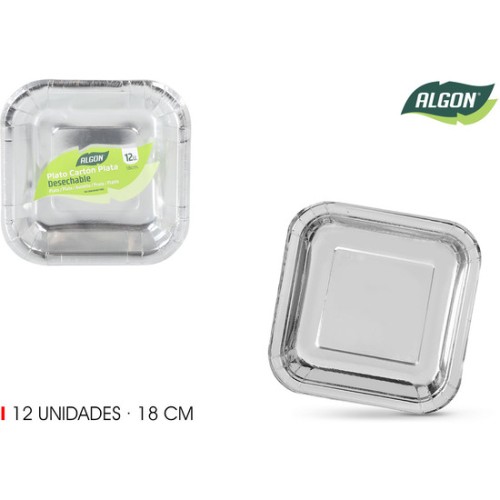Set of 12 Silver Cardboard Plates 18cm Algon
