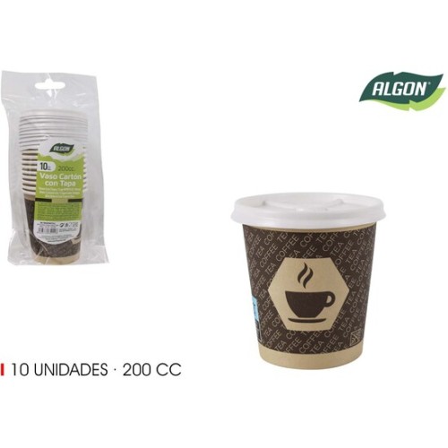 Set de 10 Vaso Cartón Café C/tapa 200cc Algon