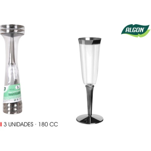 Set of 3 Silver Champagne Flutes 180ml for Celebrations