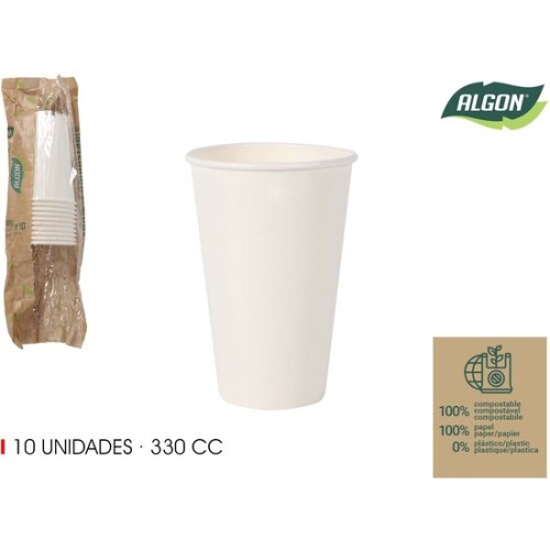 Set of 10 White Paper Cups 330cc Algon