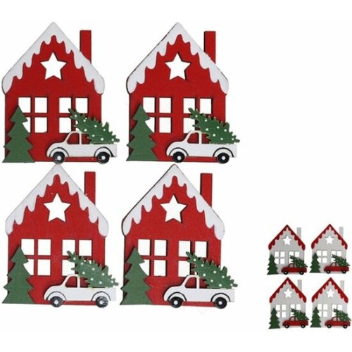 Adhesive Wooden House X4 4.8x5.7x0.5cm