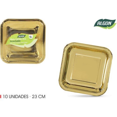 Set-10 Plato Cartón Oro Cuadrado 23cm