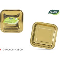 Set-10 Plato Cartón Oro Cuadrado 23cm