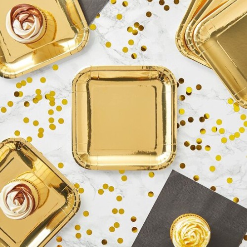 Set of 10 Gold Square Paper Plates 23cm