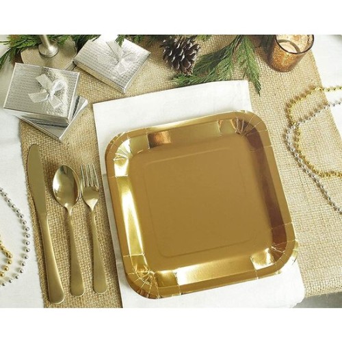 Set-10 Plato Cartón Oro Cuadrado 23cm