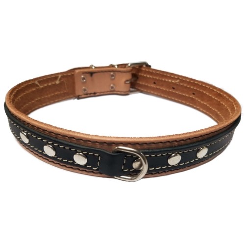 Double Natural/Black Leather Dog Collar 30x650