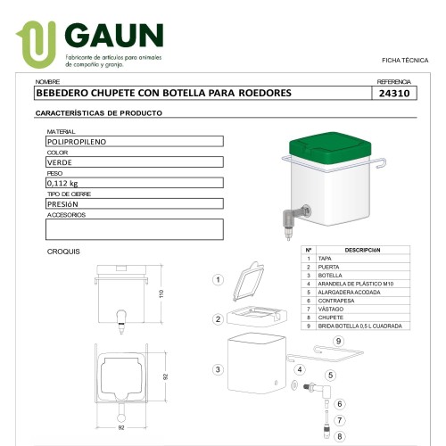 Bebedero Chupete 0.5L Gaun