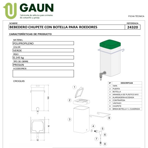 Bebedero Chupete 0.5L Gaun