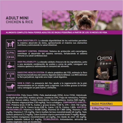 Optima Nova Adult Mini Pollo Arroz 12 Kg.