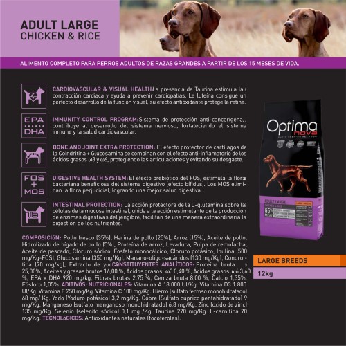 Optima Nova Adult Large Pienso Pollo Arroz 12 Kg.