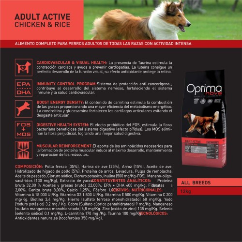 Optima Nova Pollo Arroz 12kg Comida para Perros Adultos