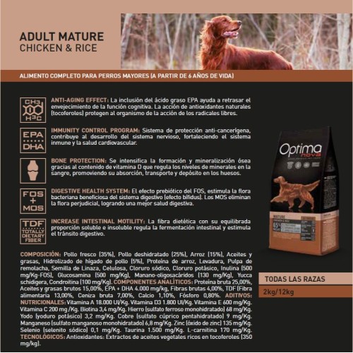 Optima Nova Adult Mature Pollo Arroz 12 Kg.