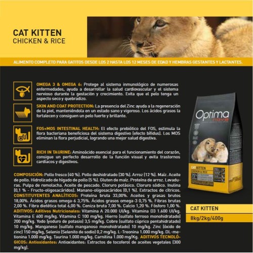 Optima Nova Cat Kitten Pollo Arroz 400g Comida Premium