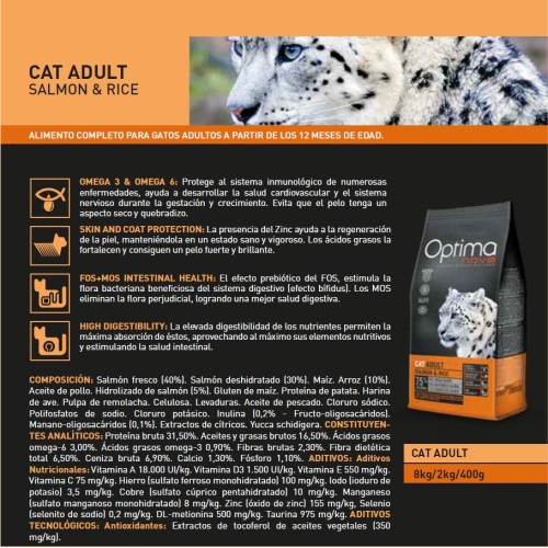Optima Nova Gato Adulto Salmón y Arroz 8 Kg