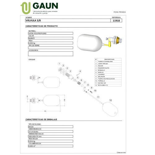 Flotador Alta Presión 3/8 Gaun - Compatible con Todos los Bebederos