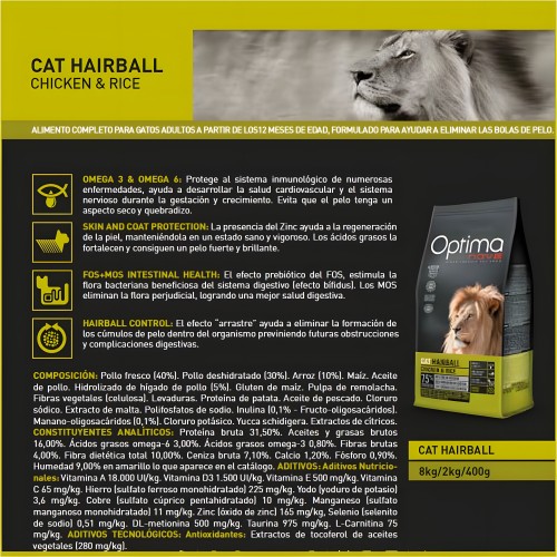 Optima Nova Cat Hairball 8 Kg - Comida Premium para Gatos