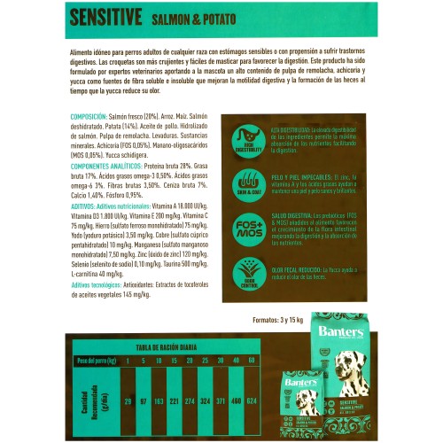 Banters Perro Sensitive Salmón & Patata 15 Kg - Saludable y Nutritivo