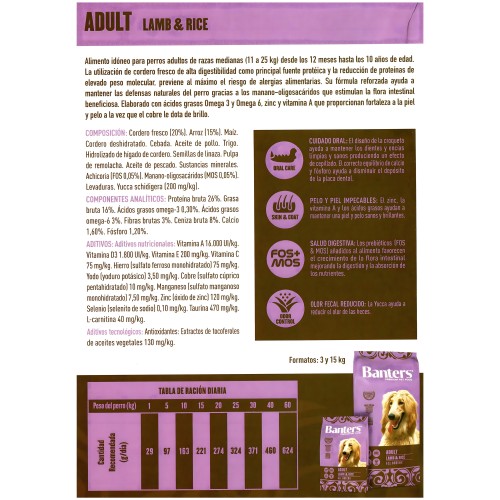 Banters Dog Adult Lamb&rice 15 Kg.