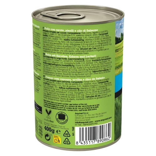 Lata Junior Pollo/Zanahorias/Guisantes/Aceite De Salmón 400gr.