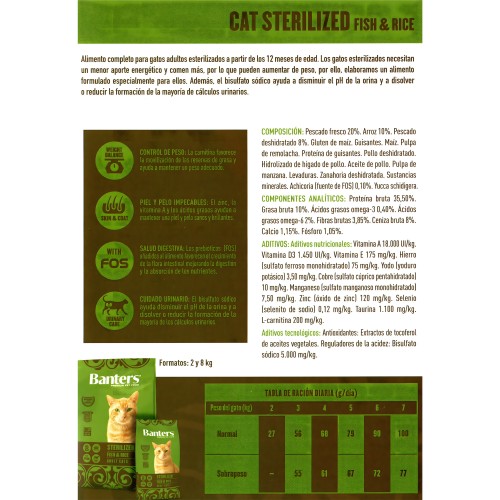 Banters Cat Sterilised Pescado y Arroz 8 Kg - Ideal para Gatos Adultos