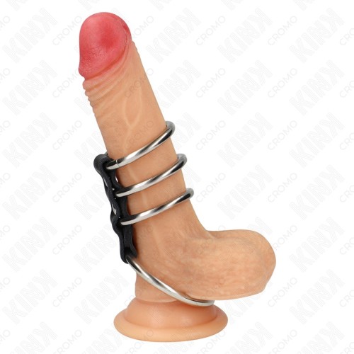 Kink 4 Metal Penis Rings Connected by Leather - BDSM Gear