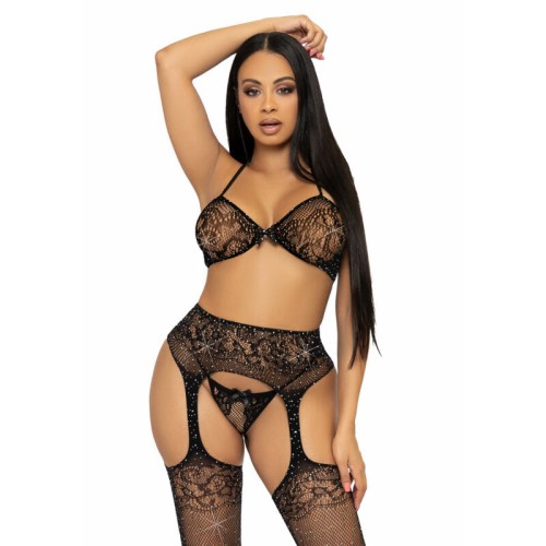 Leg Avenue Three-Piece Set Bra, Thong, and Stockings One Size Black