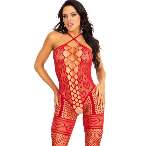 Leg Avenue Halter Neck Heart Fishnet Bodystocking Red