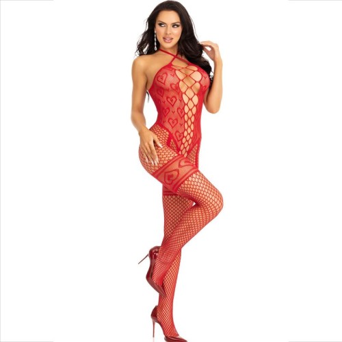 Leg Avenue Bodystocking Cuello Halter Rojo con Corazones