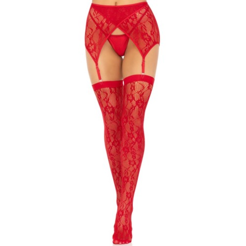 Leg Avenue - Medias Encaje & Liguero Rojo - Lencería Elegante
