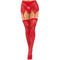 Leg Avenue - Medias Encaje & Liguero Rojo - Lencería Elegante