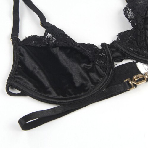Set De 3 Piezas Sujetador + Tanga + Liga Negro para Seducción Inigualable