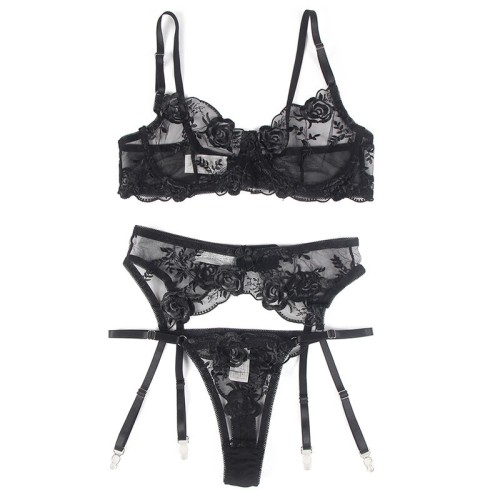 Subblime Floral Black Bra and Thong Set for Elegance