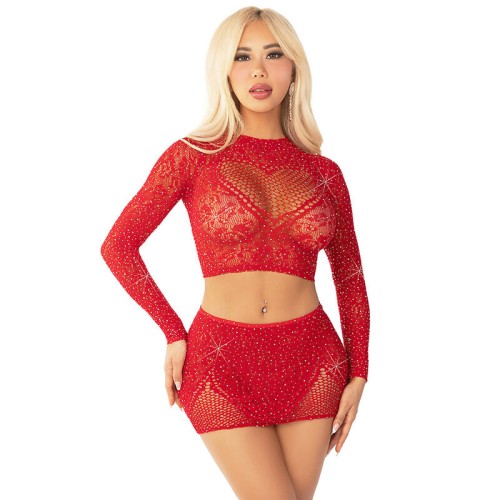 Leg Avenue Red Sparkly Mesh Top & Skirt Set